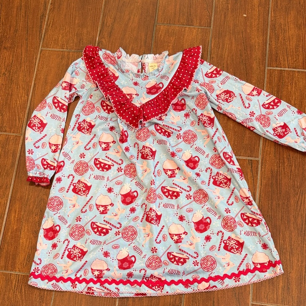 Red and White Long Sleeve Pajama Dress with Candy Print